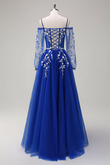 Sparkly Royal Blue A-Line Cold Shoulder maniche lunghe Abito da cerimonia lungo con applique